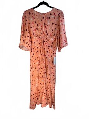 Floral Ruched Front Peach Rayon Midi Dress